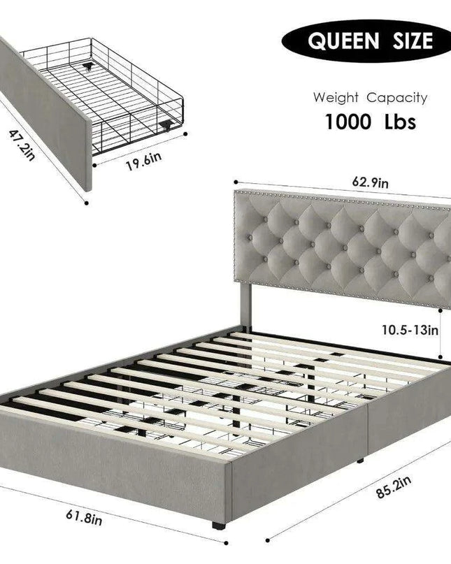 Elegant Queen Velvet Upholstered Bed Frame with Adjustable Headboard and Hidden Storage Drawers