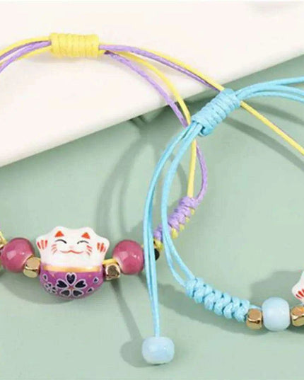 Vibrant Adjustable Lucky Cat Charm Bangles - Playful Rope Bracelets for Women and Girls, Ideal Gift for Prosperity