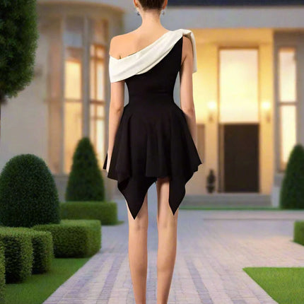 Chic Contrast Color Bowknot Mini Dress with Irregular Slash Neck for Women - DEAT Summer Collection 2024