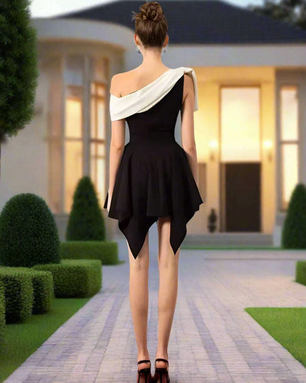 Chic Contrast Color Bowknot Mini Dress with Irregular Slash Neck for Women - DEAT Summer Collection 2024
