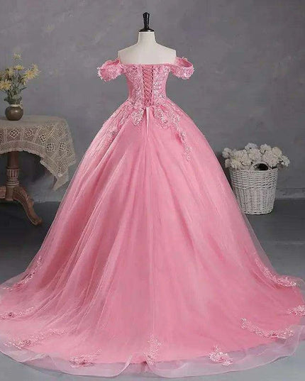 Stunning Off-The-Shoulder Cerulean Quinceanera Ball Gown with Graceful Lace Details and Dramatic Train