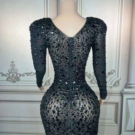 Glistening Black Rhinestone-Studded Sheer Long Sleeve Bodycon Mini Dress