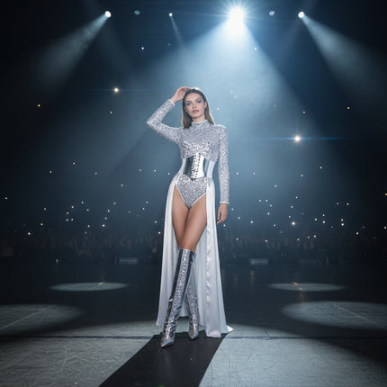 Silver Sequin Bodysuit for Stage, Dance & Performance