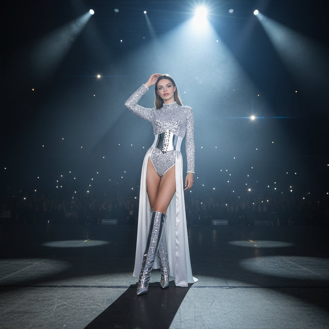 Silver Sequin Bodysuit for Stage, Dance & Performance
