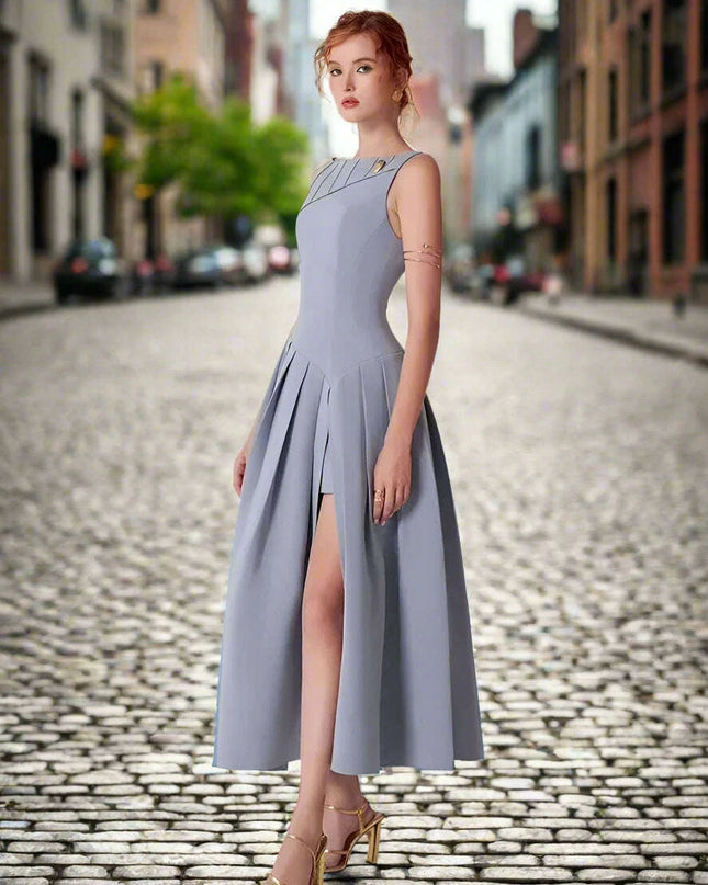 Elegant High Split Pleated Evening Dress with Zipper Waist for Women