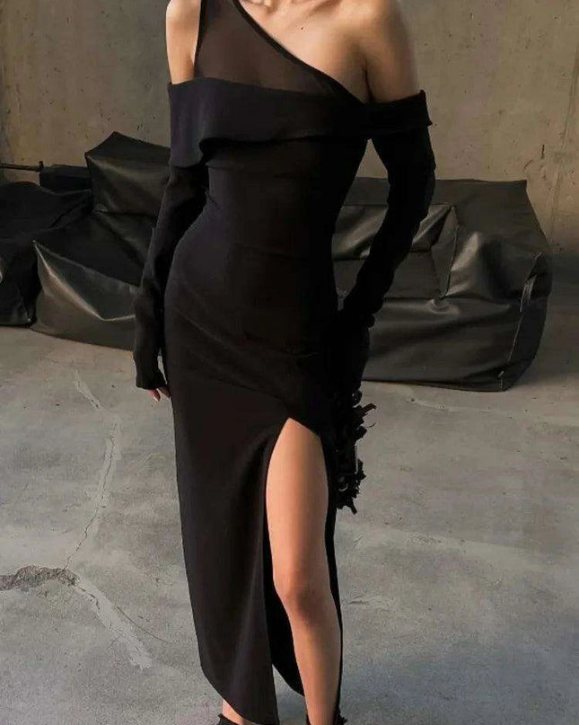 Black Asymmetrical Long Sleeve Maxi Dress with Backless Cut-Out