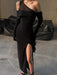 Black Asymmetrical Long Sleeve Maxi Dress with Backless Cut-Out
