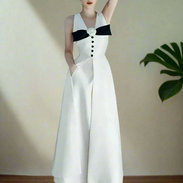 Chic Floral Satin V-neck A-line Dress with Bowknot for Women