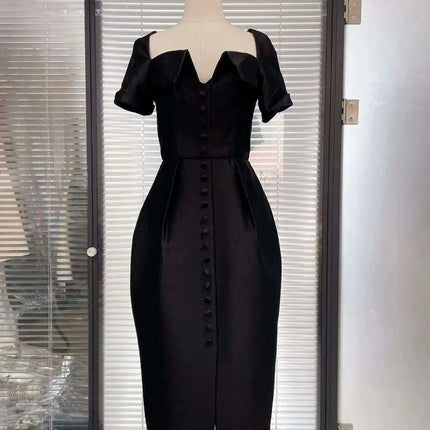 Square Neck Button-Front Short Sleeve Dress