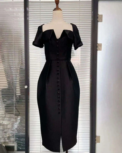 Square Neck Button-Front Short Sleeve Dress