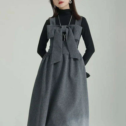 Sleeveless Gray Woolen Dress for Women with Bow Detail