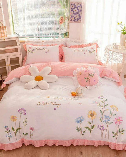 Pastoral Elegance: Embroidered Floral Cotton Bedding Set with Ruffled Details - Duvet Cover, Flat & Fitted Sheets, Pillowcases