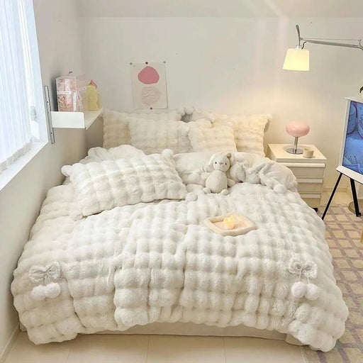 Plush Faux Rabbit Fur Bedding Ensemble with Charming Ball Accents - Duvet Cover, Sheets, and Pillowcases
