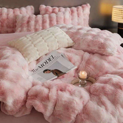 Luxurious Gradient Blue & Grey Faux Rabbit Fur Velvet Fleece Bedding Set with Sheets & Pillowcases