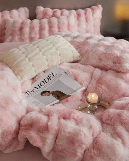 Luxurious Gradient Blue & Grey Faux Rabbit Fur Velvet Fleece Bedding Set with Sheets & Pillowcases