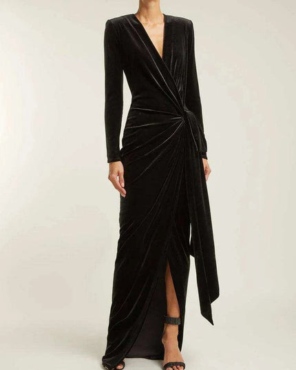Sophisticated Asymmetrical Velvet Evening Dress with Alluring Deep V-neck