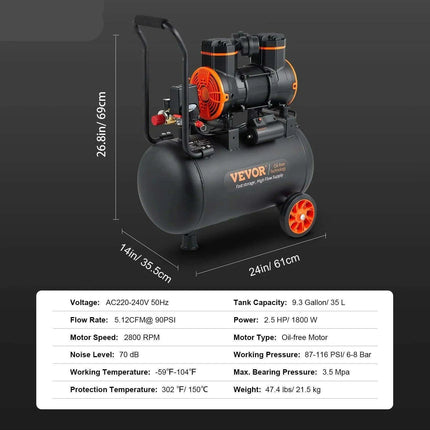 Whisper-Quiet Oil-Free Air Compressor Kit for Home and Automotive Use - Compact 9L, 18L, 24L, 35L Inflator