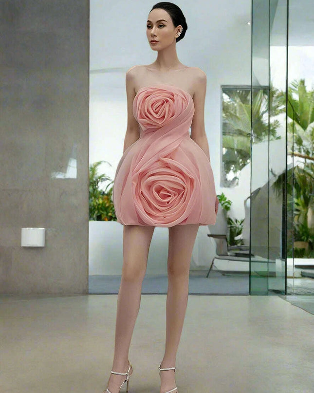 3D Floral Strapless Mini A-line Dress for Women – Slim Waist