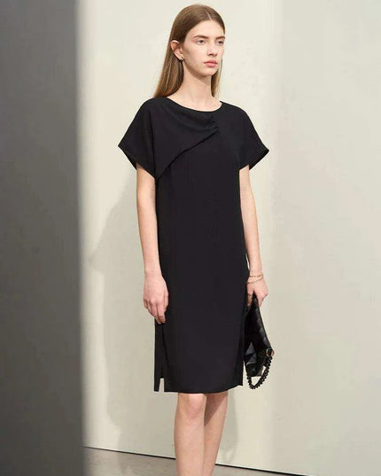 Asymmetrical Summer Chiffon Dress with Pleated Neckline and Breezy Short Sleeves