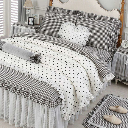 Polka Dot Cotton Luxurious 4-Piece Set with Ruffled Duvet Cover and Coordinated Bed Skirt