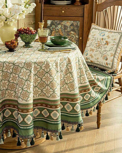 Luxurious Dark Green Round Tablecloth with Elegant Hanging Accents