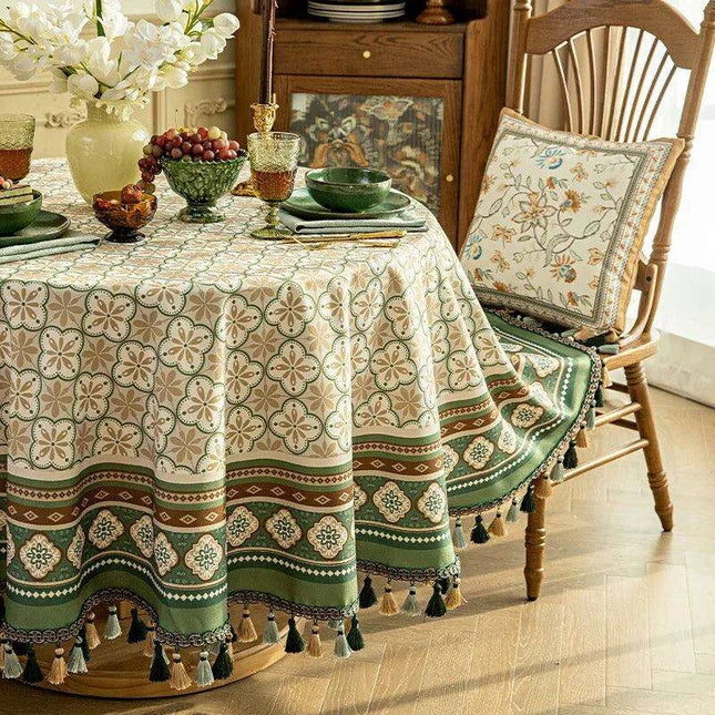 Luxurious Dark Green Round Tablecloth with Elegant Hanging Accents