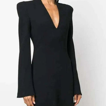 Full-Length Evening Gown with Flare Sleeves and Deep V-Neck