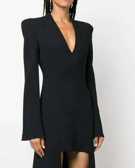 Full-Length Evening Gown with Flare Sleeves and Deep V-Neck