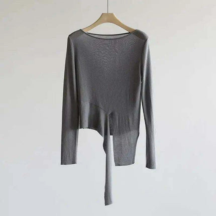 Elegant Asymmetric Long Sleeve Sky Silk Top for Women - Perfect for Spring and Summer
