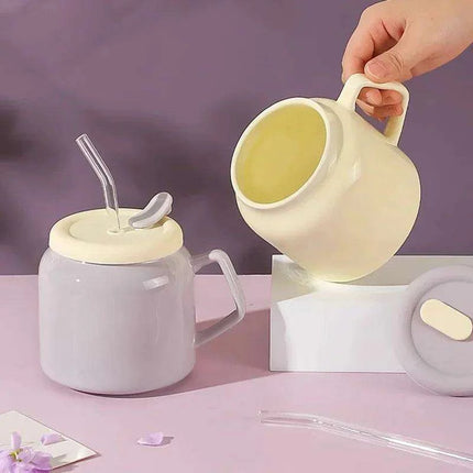 Charming Purple and Beige Ceramic Love Mug Set with Lid and Straw