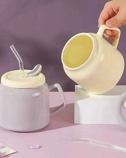 Charming Purple and Beige Ceramic Love Mug Set with Lid and Straw