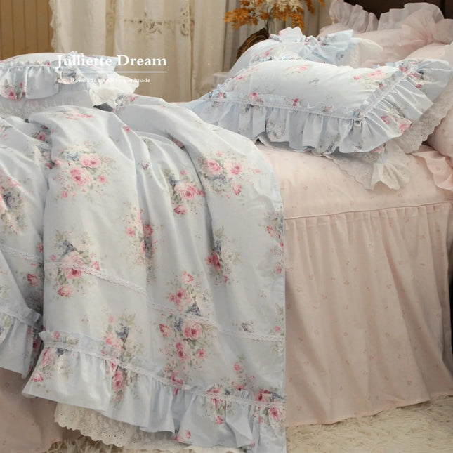 JullietteDream Romantic Lace Floral Duvet Cover Set with Ruffle Bed Sk