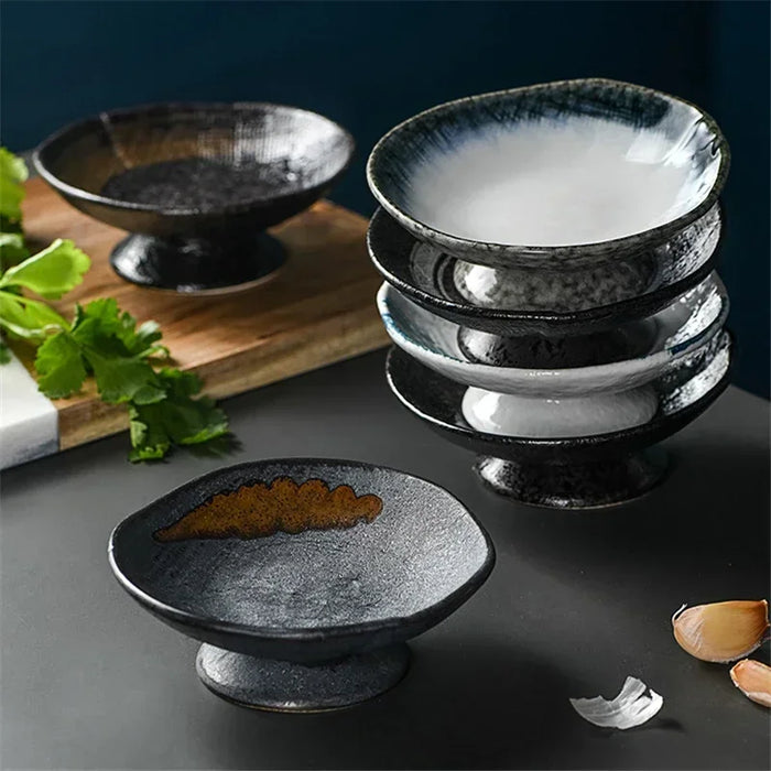 Elevated Japanese Ceramic Snack Plate with High-Footed Saucer