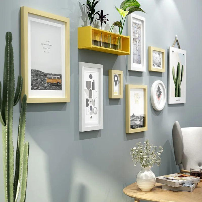 9-Piece Wooden Frame Collection with Vase Shelf - Contemporary Wall Decor