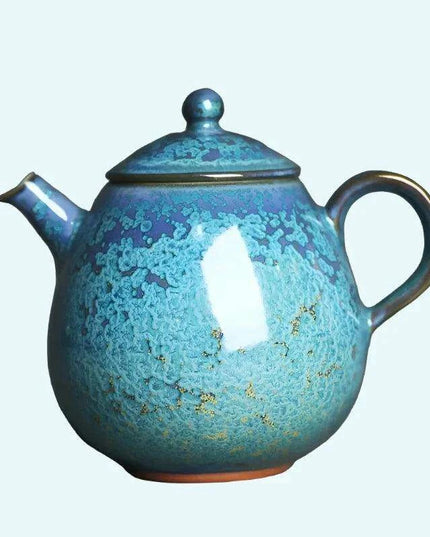 Floating Blue Jade Dragon Teapot with Crystal Handle and Gold Accents - Luxury Yuzhou Junyao Tea Set