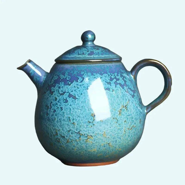 Floating Blue Jade Dragon Teapot with Crystal Handle and Gold Accents - Luxury Yuzhou Junyao Tea Set