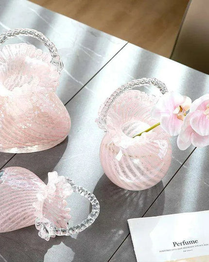 Charming Pink Glass Handbag Vase with Playful Curvy Handle