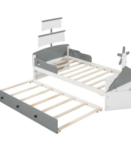 Race Car-Inspired Twin Bedroom Set with Trundle Bed and Nightstands - White/Gray Pine Wood Furniture