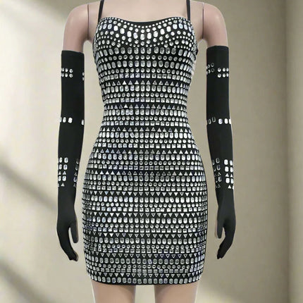 Elegant Diamond-Embellished Bodycon Mini Dress with Matching Gloves for Women - Ideal for Weddings and Special Celebrations