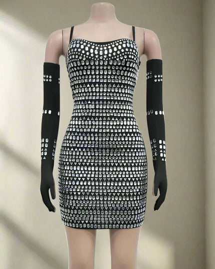 Elegant Diamond-Embellished Bodycon Mini Dress with Matching Gloves for Women - Ideal for Weddings and Special Celebrations