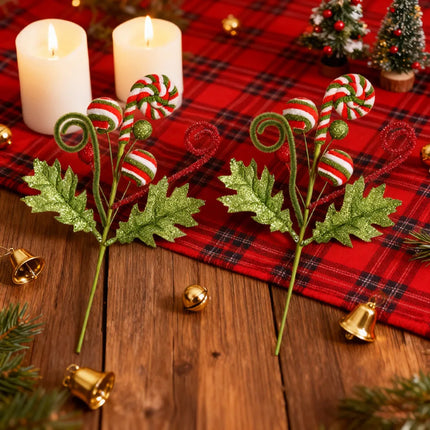 Candy-Themed Christmas Pick with Glitter Leaves & Spiral Accents, 1 Piece