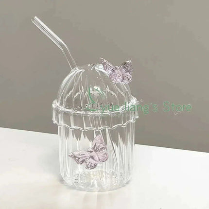 Elegant 3D Butterfly Round Glass Mug for Stylish Floral Drinks