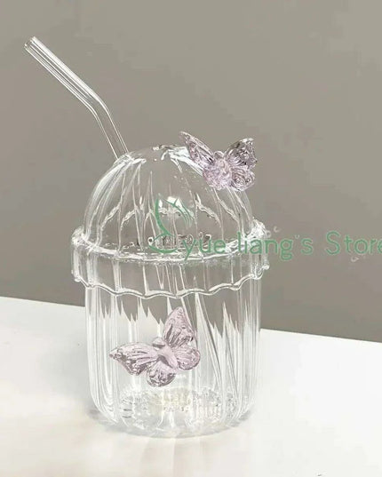 Elegant 3D Butterfly Round Glass Mug for Stylish Floral Drinks