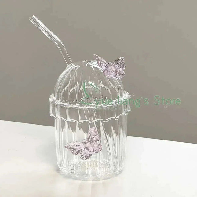 Elegant 3D Butterfly Round Glass Mug for Stylish Floral Drinks