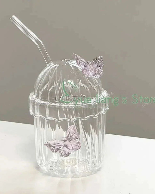 Elegant 3D Butterfly Round Glass Mug for Stylish Floral Drinks