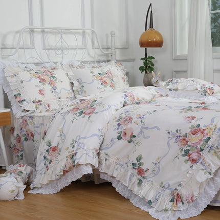 Warm Textile Home Rose Printed Lace Ruffle King Duvet Bedding Set
