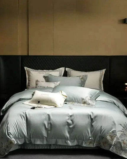 Elegant 1000TC Egyptian Cotton Floral Embroidery Bedding Ensemble with Duvet Cover, Flat Sheet, and Pillow Shams