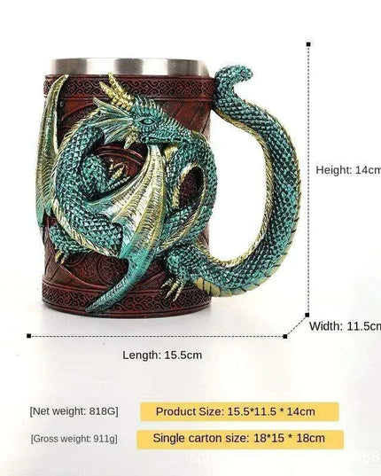Dragon Resin Stainless Steel Beer Mug - Hand Painted Gothic Viking Skull Wine Goblet