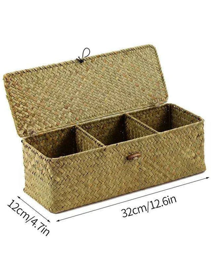 Natural Seagrass Organizer Basket with Lid - Stylish Storage Solution for Cosmetics, Sundries, and Laundry