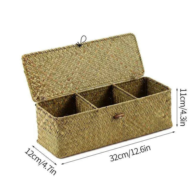 Natural Seagrass Organizer Basket with Lid - Stylish Storage Solution for Cosmetics, Sundries, and Laundry